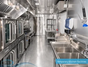 Mobile kitchen trailer interior with stainless steel sink and food preparation area