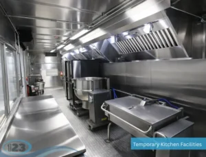 Mobile kitchen trailer interior with stainless steel sink and food preparation area