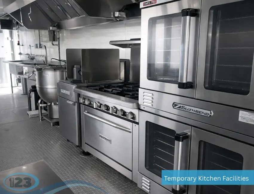 Mobile kitchen trailer interior with stainless steel sink and food preparation area