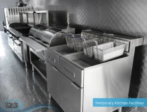 Temporary kitchen interior featuring food preparation area and commercial sink