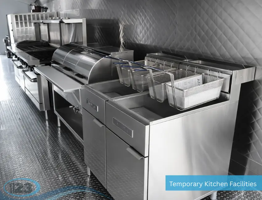 Temporary kitchen interior featuring food preparation area and commercial sink